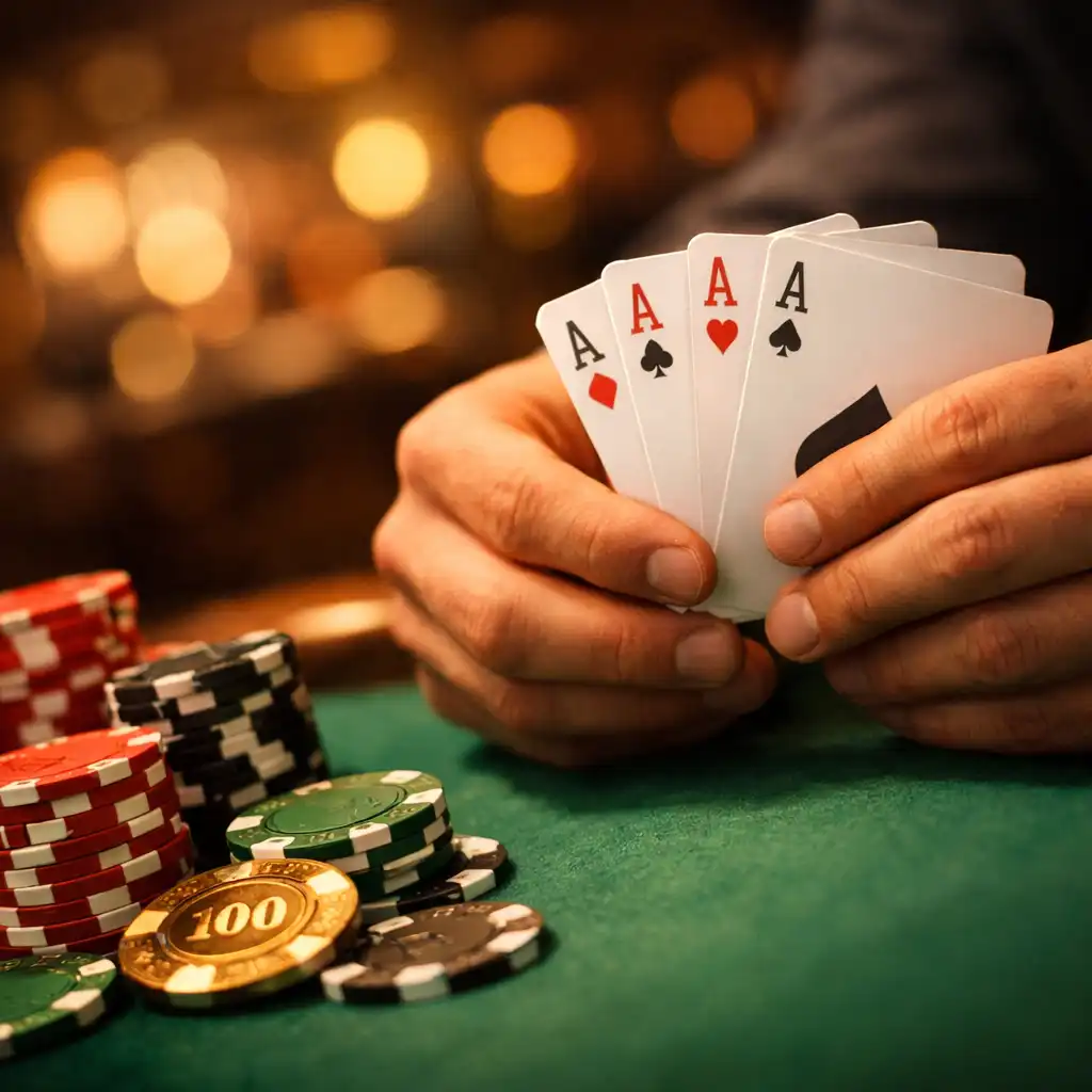 Ruce držící pokerové karty a žetony v Card Lounge