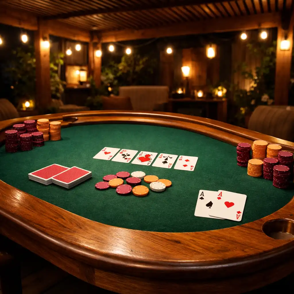 Pokerový stůl z masivního dřeva s plstěným povrchem, kartami a žetony v Card Lounge