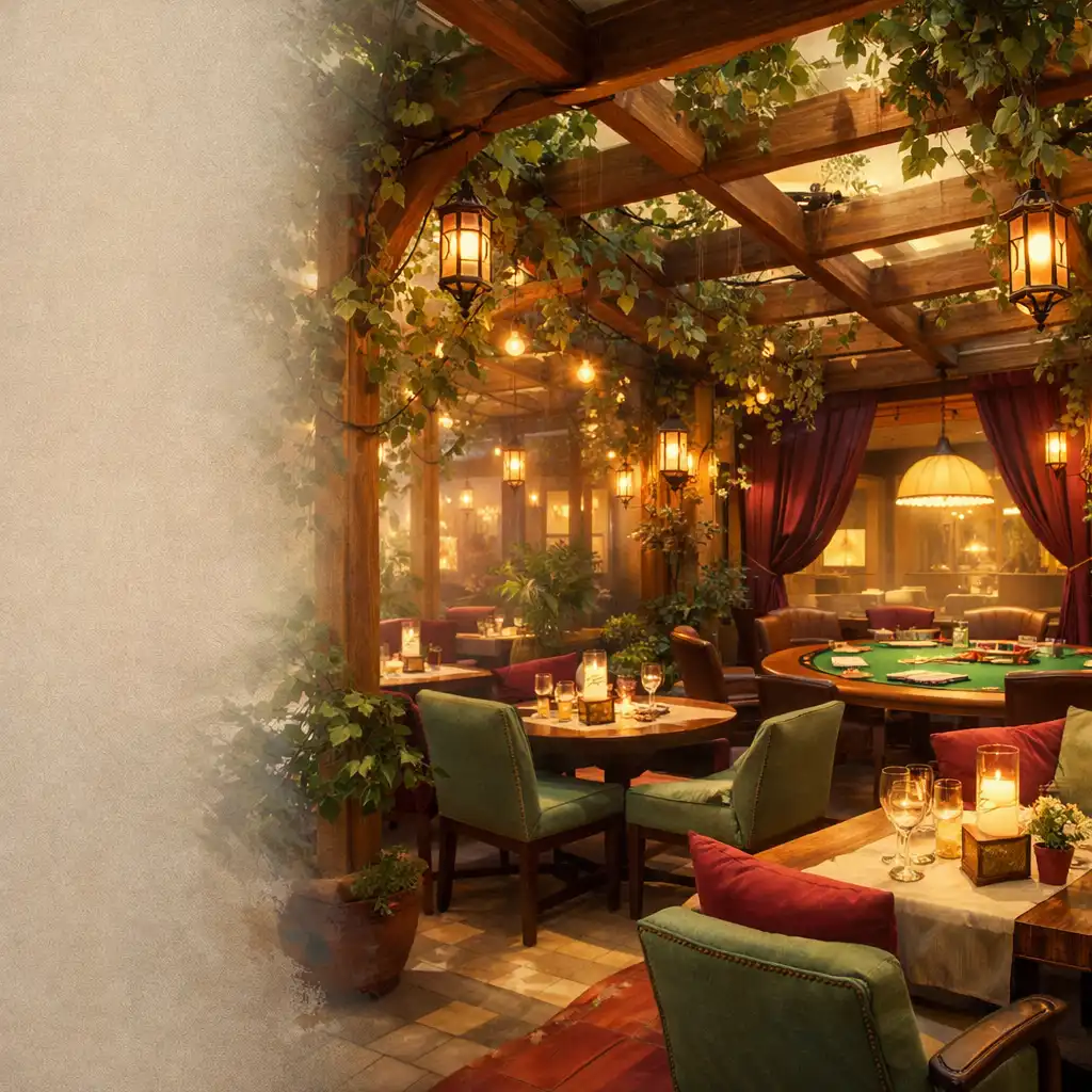 Atmosférický interiér restaurace Komorní Zahrada inspirovaný zahradní pergolou s pokerovým stolem v pozadí