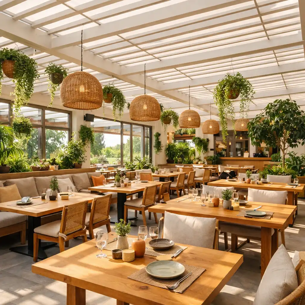 Denní interiér restaurace Komorní Zahrada s pergolovými liniemi, dřevěnými stoly a zelení