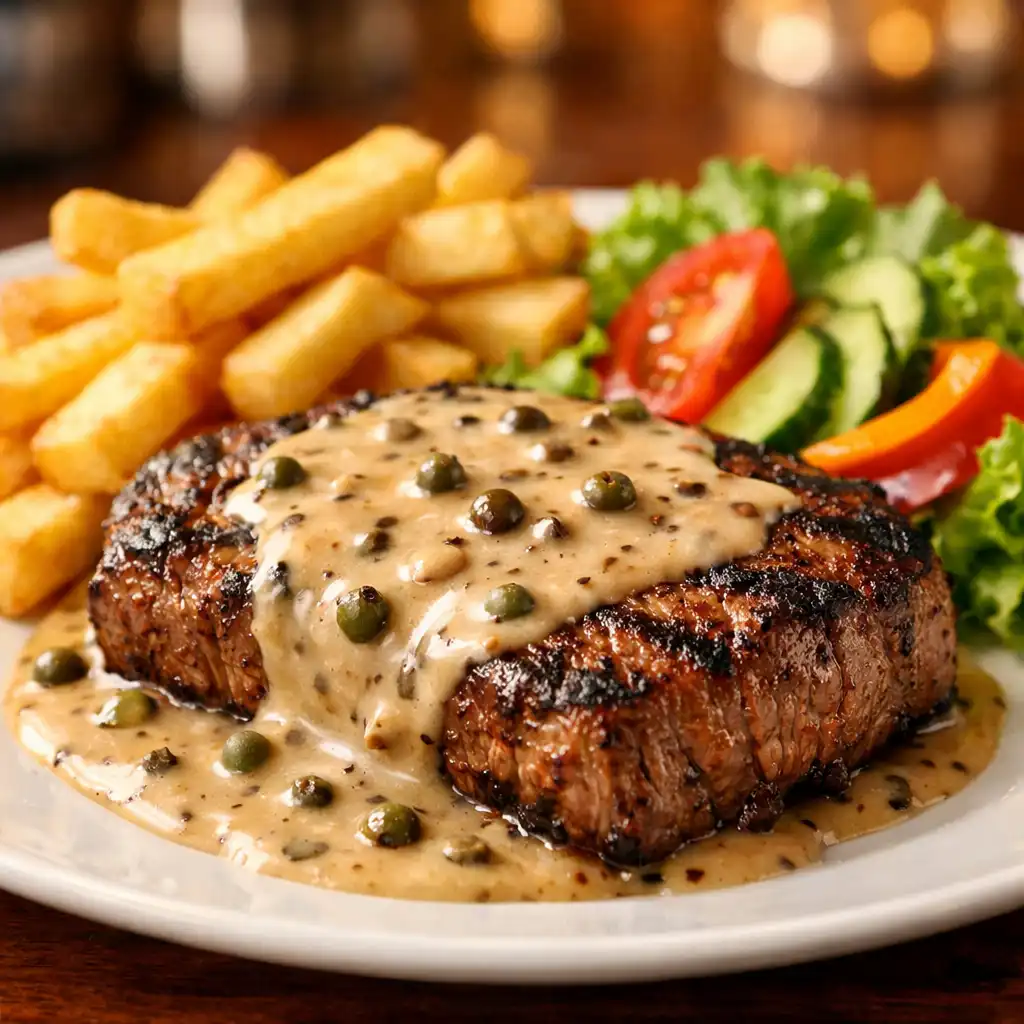 Grilovaný steak s pepřovou omáčkou, hranolky a zeleninovou oblohou