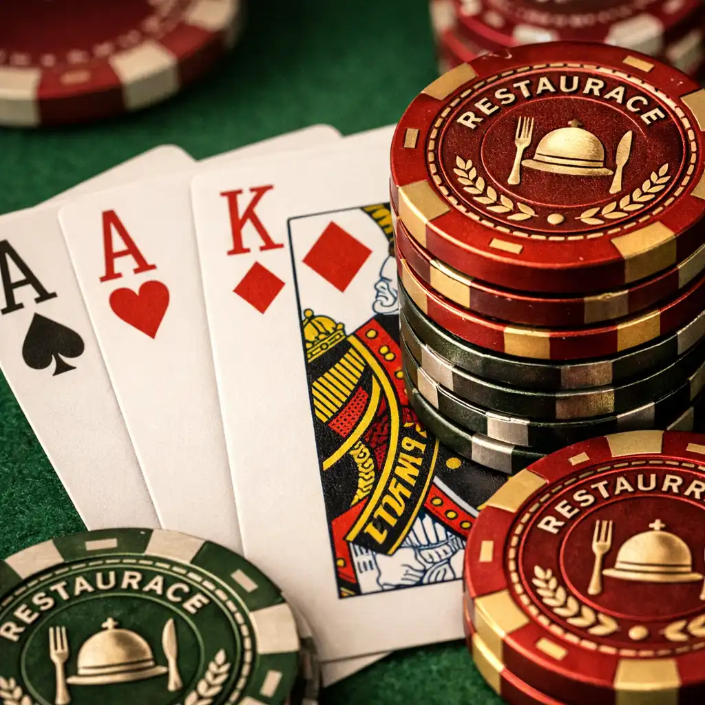 Detailní záběr na plastové pokerové karty a žetony s kovovým jádrem na stole