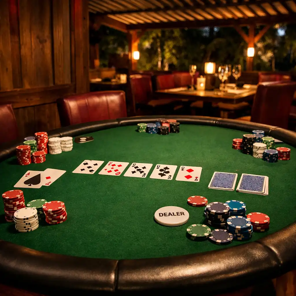 Skutečný pokerový stůl s dřevěným obložením, zeleným plstěným povrchem, kartami a žetony v teplém večerním osvětlení zahradní pergoly