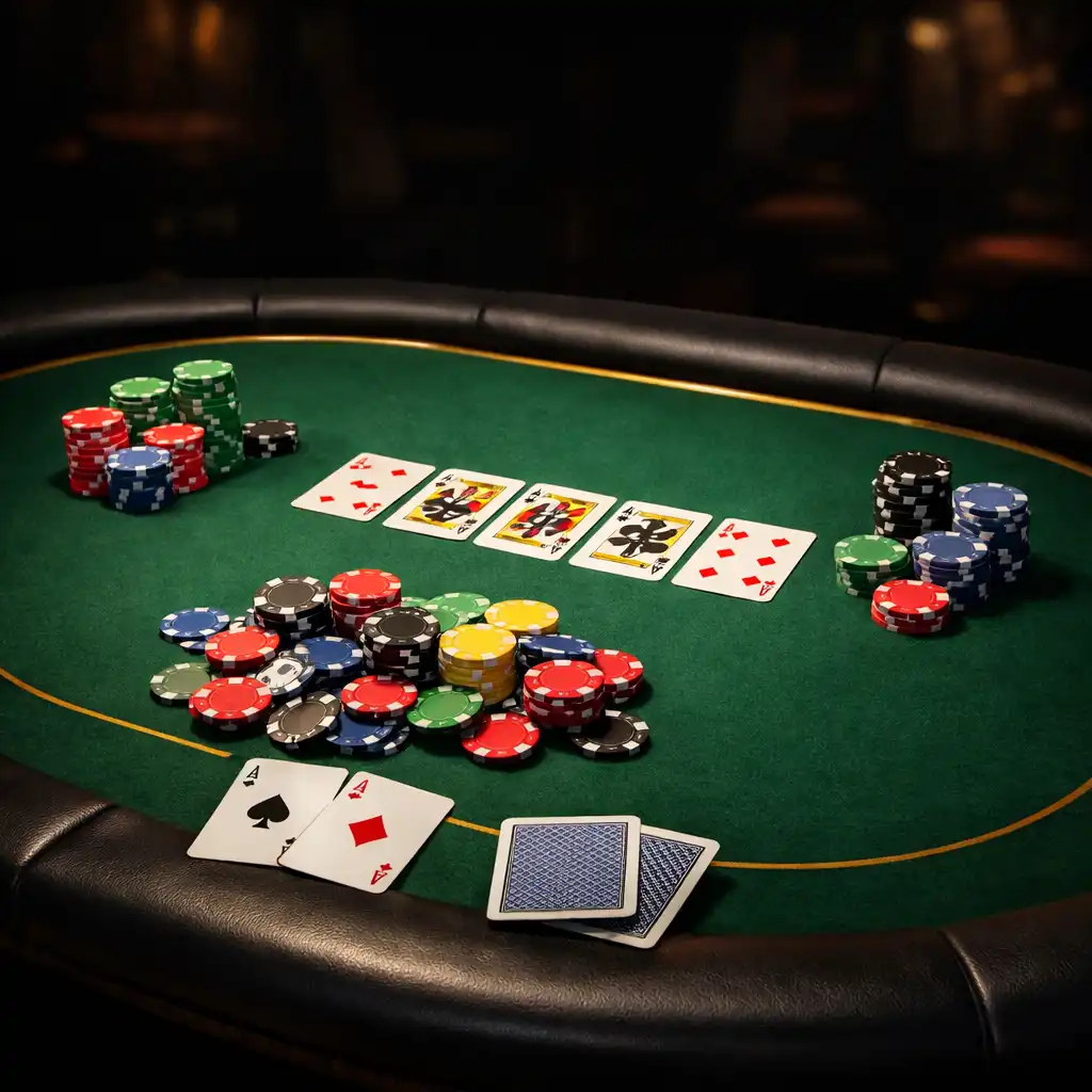 Profesionální pokerový stůl s kartami a žetony