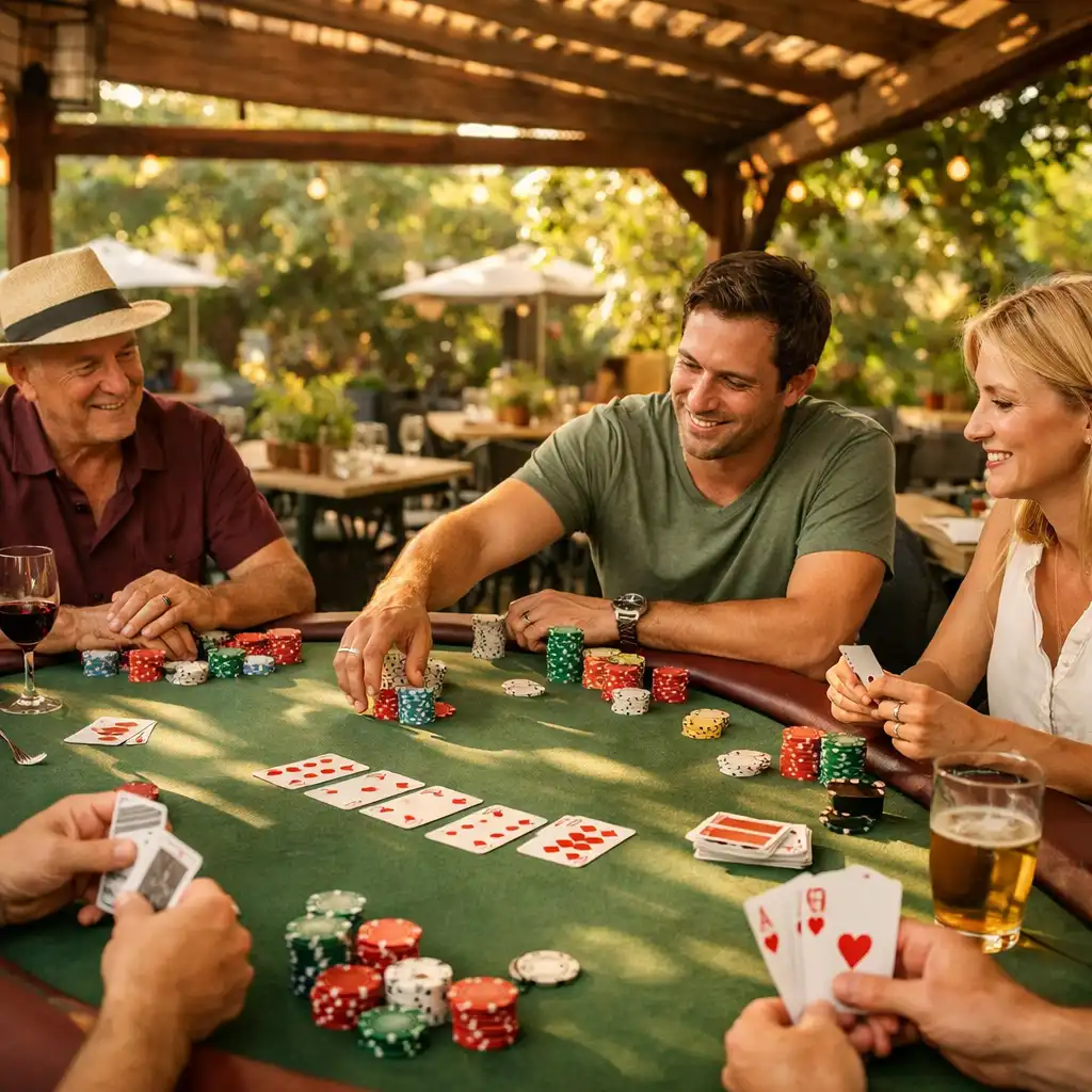 Pokerový stůl s hráči pod dřevěnou pergolou v zahradní restauraci Komorní Zahrada