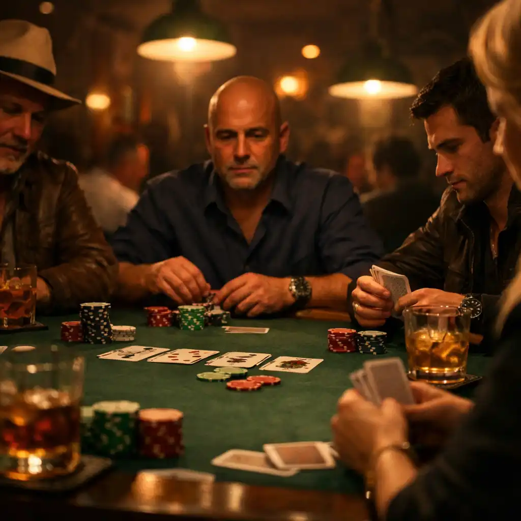 Večerní atmosféra pokerové místnosti s hráči u stolu