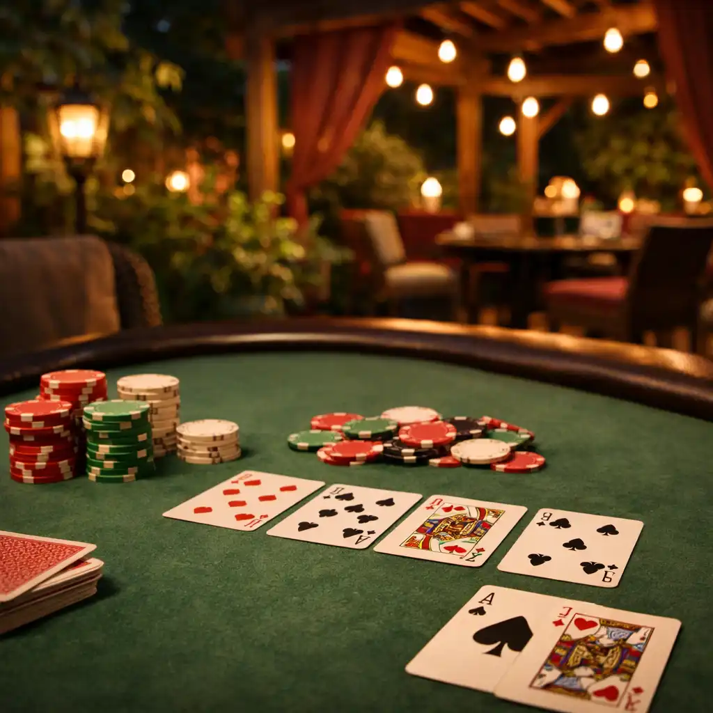 Detail pokerové zóny v zahradním prostředí s kartami a žetony na stole