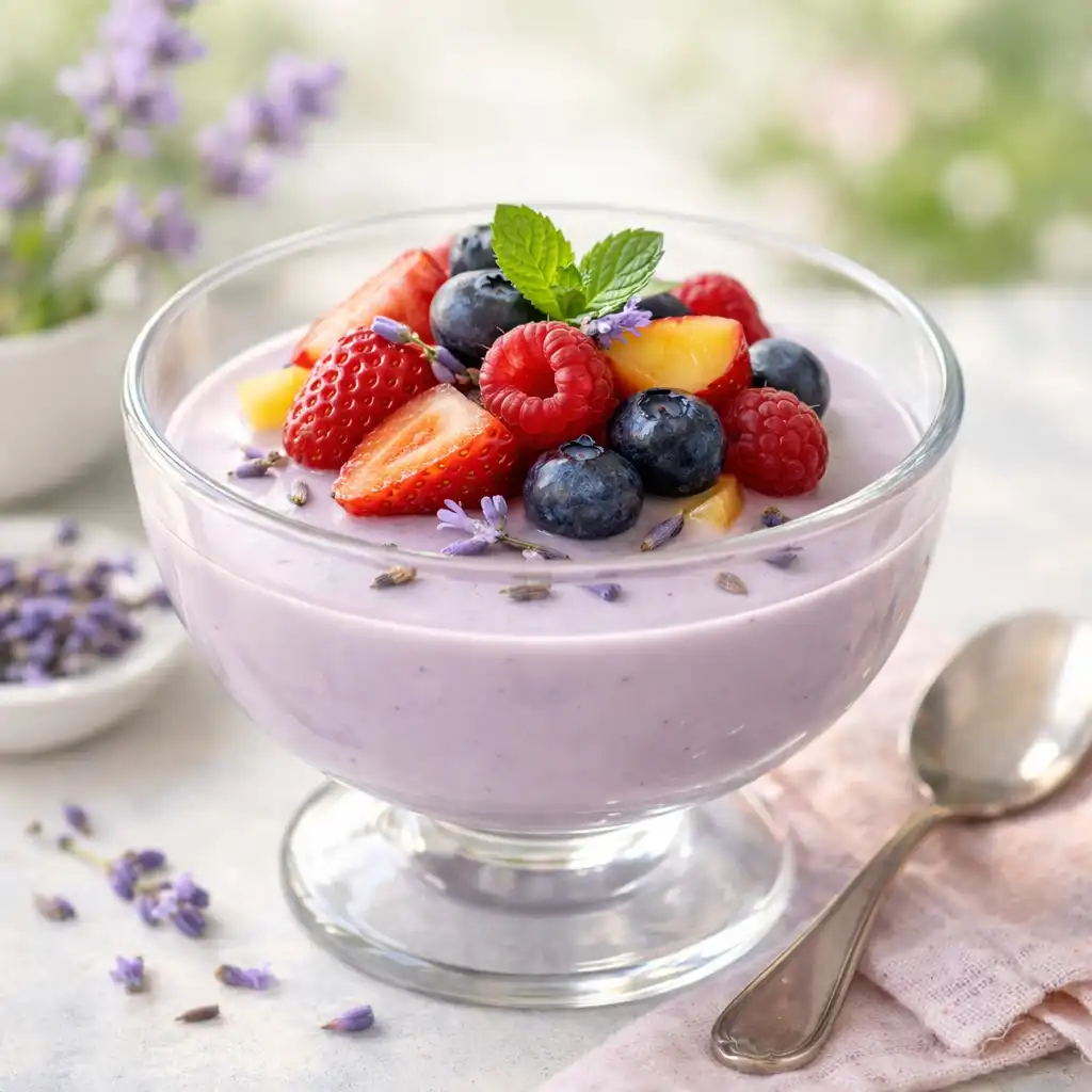 Dezert Levandulová panna cotta s čerstvým ovocem ve skleněné misce