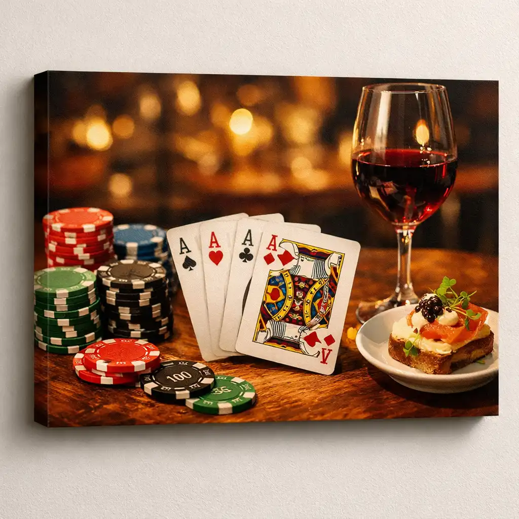 Pokerové karty a žetony na dřevěném stole se sklenkou vína a amuse-bouche