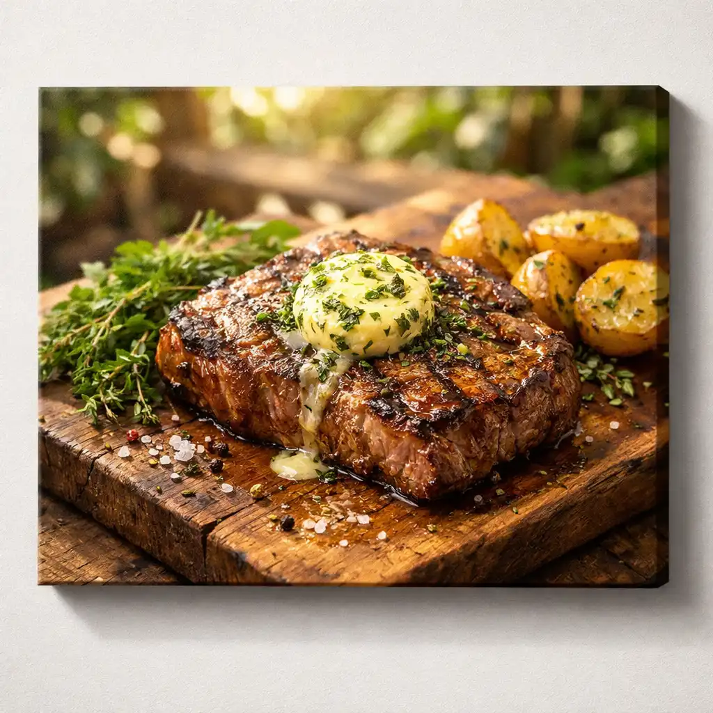 Grilovaný steak s bylinkovým máslem na dřevěném prkénku pod zahradní pergolou