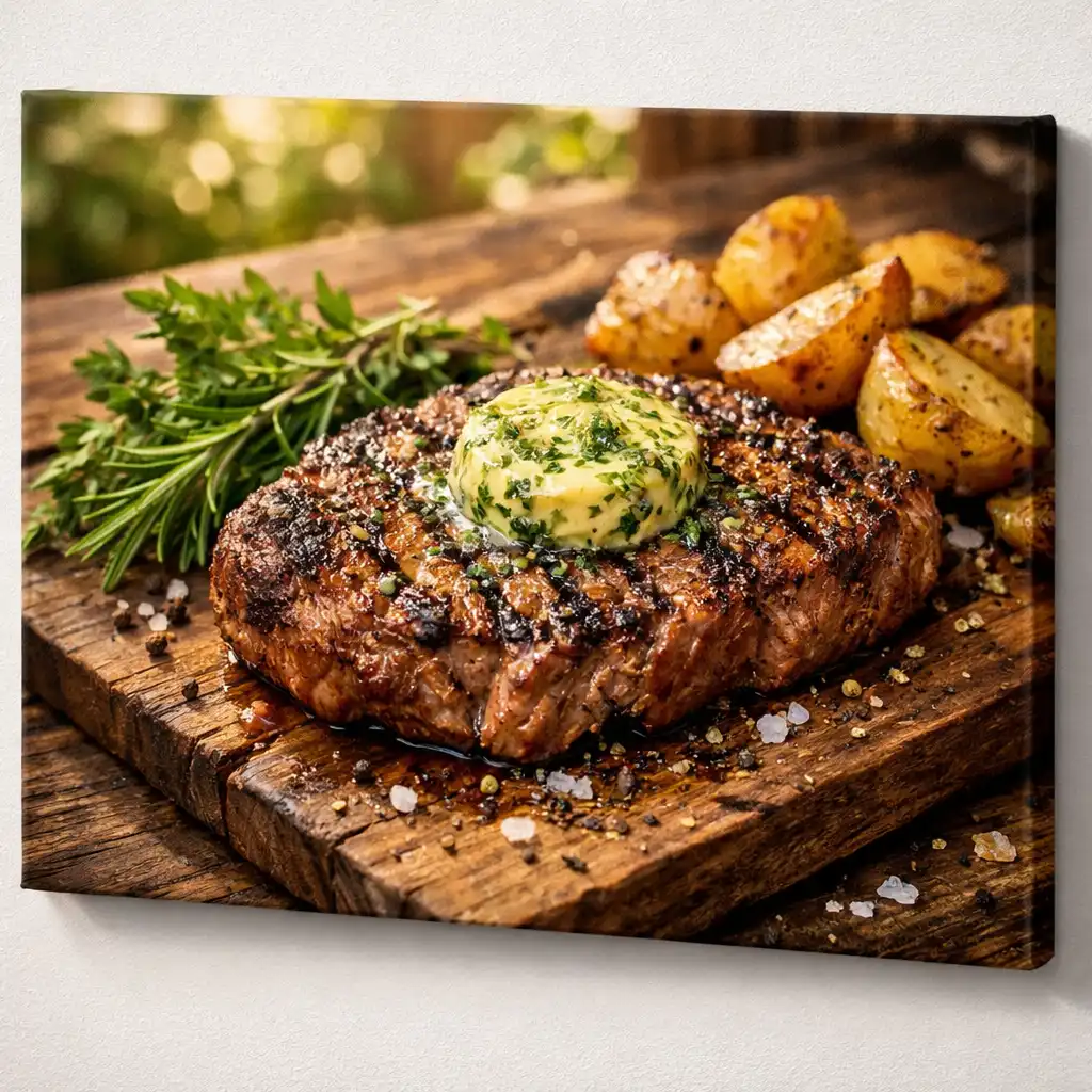 Grilovaný steak s bylinkovým máslem, pečenými bramborami a zeleninou